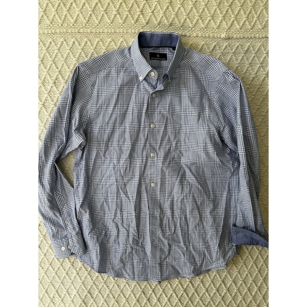 Hart Schaffner Marx Shirt Mens Medium Blue White Gingham Check Dressy Preppy